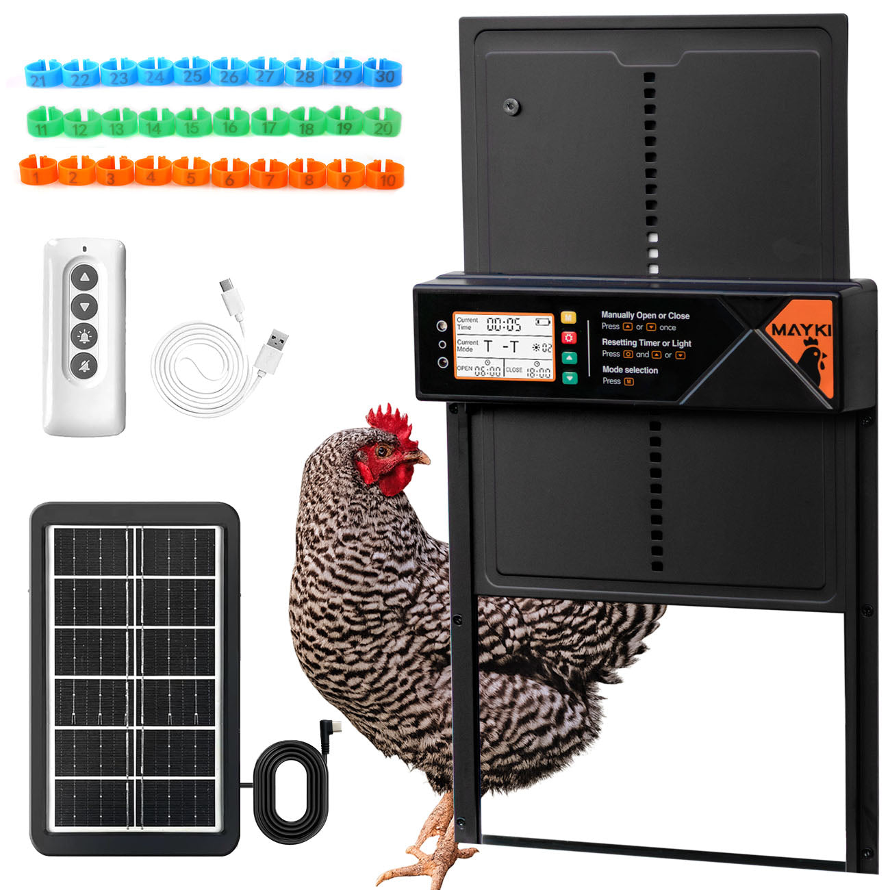 MAYKI Automatic Chicken Coop Door Solar Powered, Accessories Extra-Large with 4 Auto Modes (Timer & Light Sensor), Anti-Pinch, Waterproof Cold Weather, FCC/CE/RoHs Certified, Aluminum Build, M Black