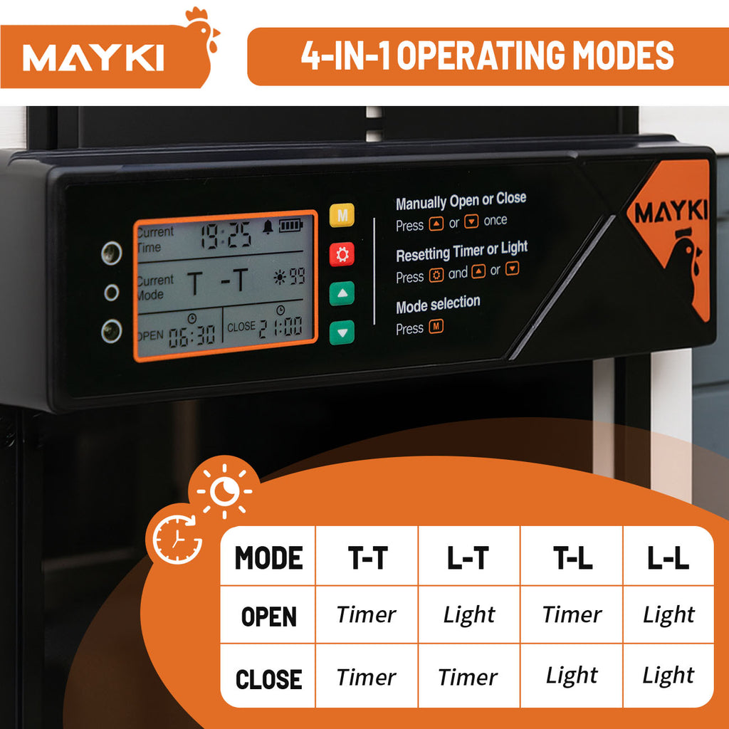 MAYKI Automatic Chicken Coop Door Solar Powered, Accessories Extra-Large with 4 Auto Modes (Timer & Light Sensor), Anti-Pinch, Waterproof Cold Weather, FCC/CE/RoHs Certified, Aluminum Build, M Black