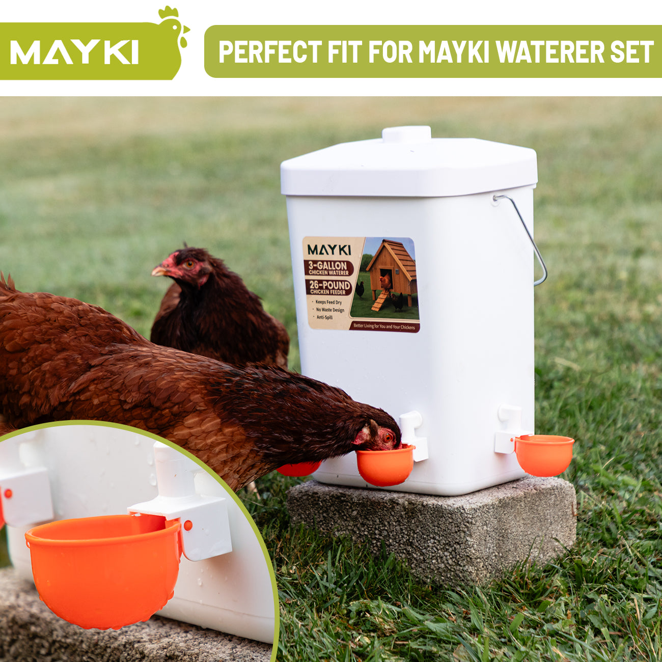 MAYKI Chicken Waterer Cups, 4-Pack Automatic Water Dispenser, No-Leak Poultry Waterer for Coop Buckets & DIY Systems, Large Water Cups for MAYKI Waterer Set, Durable PVC