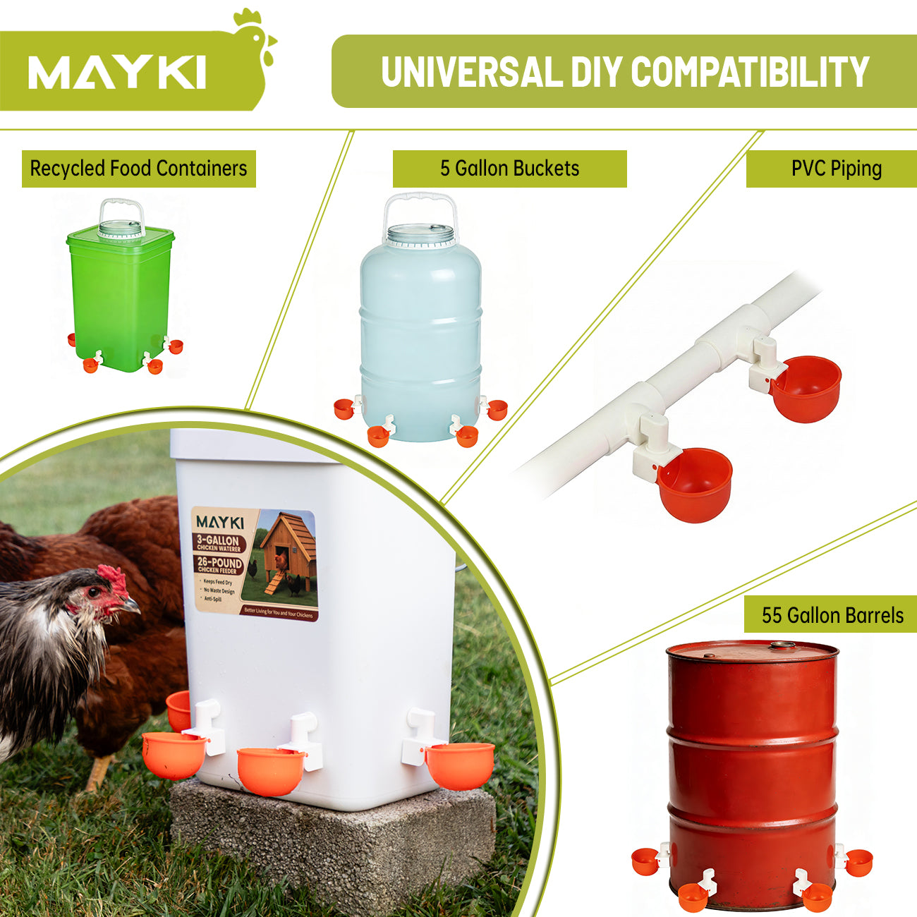 MAYKI Chicken Waterer Cups, 4-Pack Automatic Water Dispenser, No-Leak Poultry Waterer for Coop Buckets & DIY Systems, Large Water Cups for MAYKI Waterer Set, Durable PVC