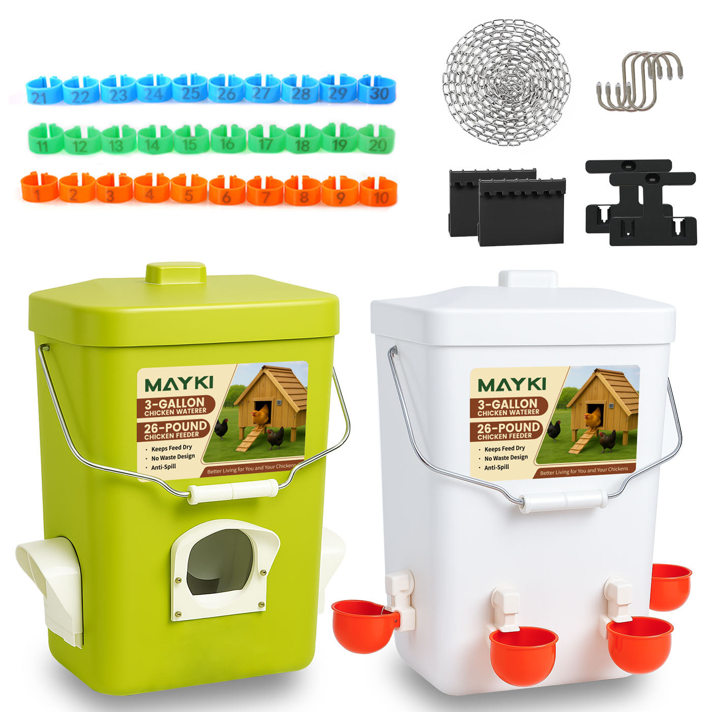 MAYKI Chicken Feeder and Waterer Set, 3 Gallon/26 LB No Waste Poultry Feeding System with Hanging Option, Automatic Coop Accessories for 10 Hens, Upgraded Feeder Port Water Cup, BPA-Free Winter Design
