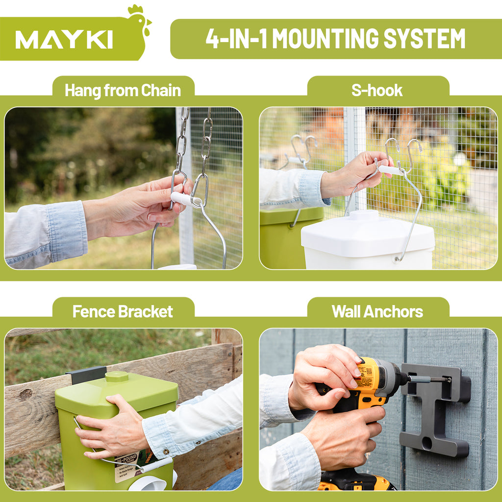 MAYKI Chicken Feeder and Waterer Set, 3 Gallon/26 LB No Waste Poultry Feeding System with Hanging Option, Automatic Coop Accessories for 10 Hens, Upgraded Feeder Port Water Cup, BPA-Free Winter Design
