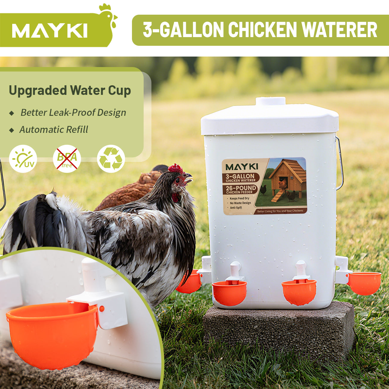 MAYKI Chicken Feeder and Waterer Set, 3 Gallon/26 LB No Waste Poultry Feeding System with Hanging Option, Automatic Coop Accessories for 10 Hens, Upgraded Feeder Port Water Cup, BPA-Free Winter Design