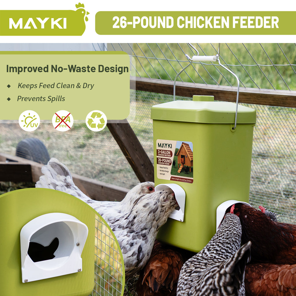 MAYKI Chicken Feeder and Waterer Set, 3 Gallon/26 LB No Waste Poultry Feeding System with Hanging Option, Automatic Coop Accessories for 10 Hens, Upgraded Feeder Port Water Cup, BPA-Free Winter Design