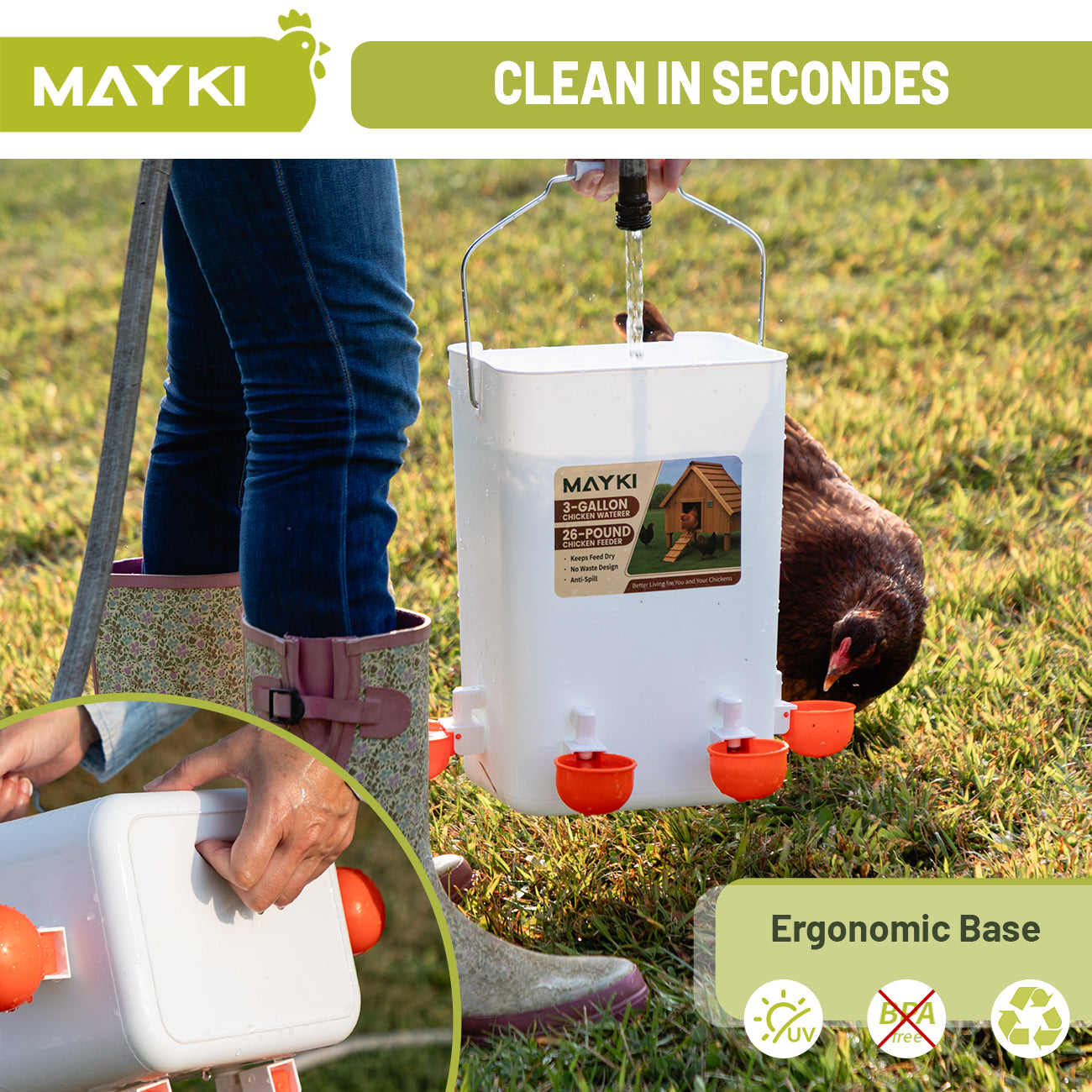 MAYKI Chicken Feeder and Waterer Set, 3 Gallon/26 LB No Waste Poultry Feeding System with Hanging Option, Automatic Coop Accessories for 10 Hens, Upgraded Feeder Port Water Cup, BPA-Free Winter Design