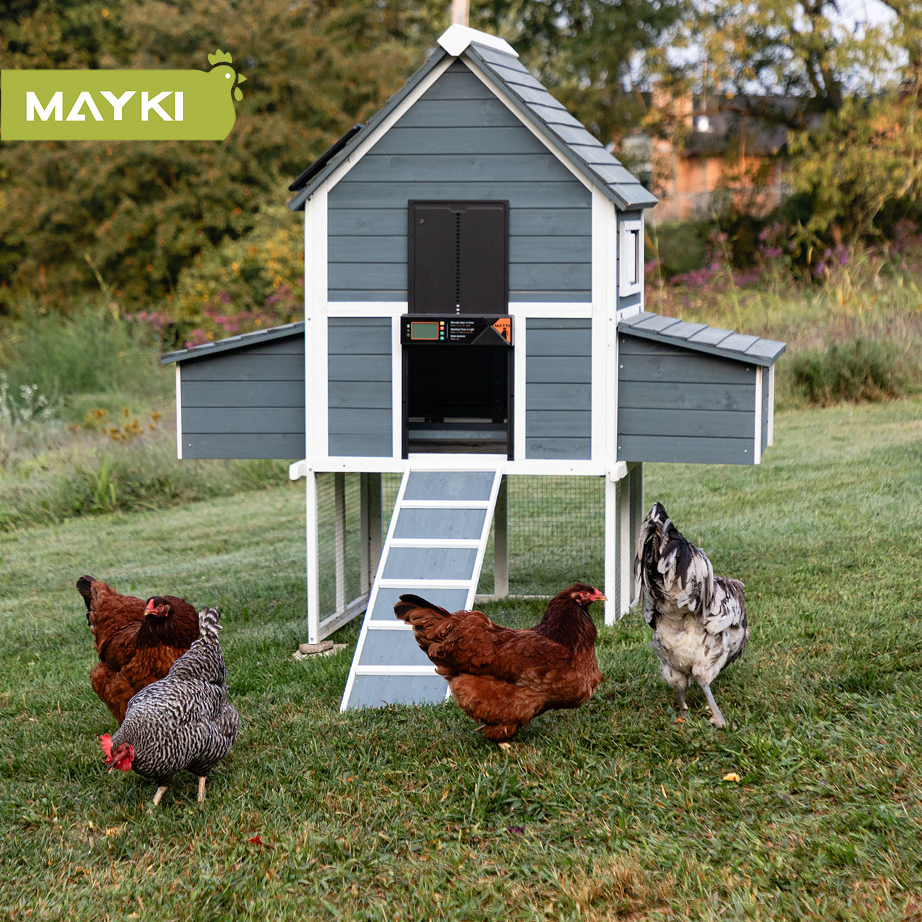 MAYKI Chicken Feeder and Waterer Set, 3 Gallon/26 LB No Waste Poultry Feeding System with Hanging Option, Automatic Coop Accessories for 10 Hens, Upgraded Feeder Port Water Cup, BPA-Free Winter Design